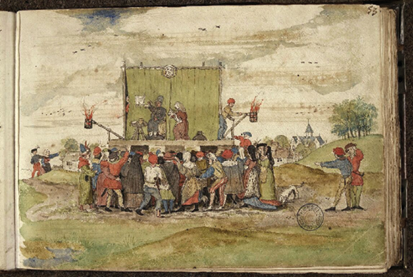 Une reproduction numérique d’une illustration à l’aquarelle provenant du Chansonnier de Bruges, datant de 1542, présentant les tréteaux en bois au milieu d’un champ devant lesquels sont réunis les villageois.