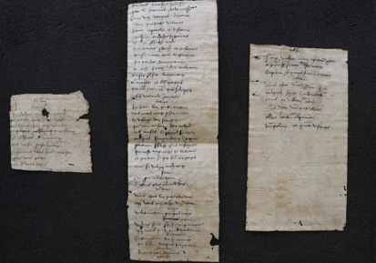 Une photographie de trois bandeaux de papier manuscrits d’une largeur d’environ dix centimètres et de longueur inégale, autrefois collés ensemble. Il s’agit du rouleau datant du début du XVIe siècle contenant les répliques du personnage de la Femme provenant de la farce intitulée La Fontaine de Jouvence, conservée aux Archives de l’État de Fribourg. Ce rouleau aurait servi lors de répétitions d’acteurs dans la région du pays de Vaud.