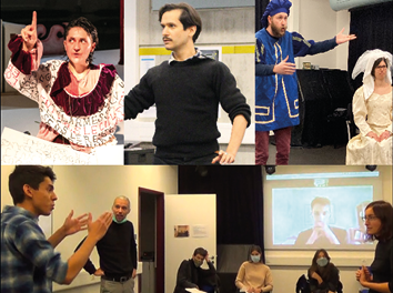 Un collage de photos présentant trois artistes invités d’ARCHAS qui proposent aux étudiants différentes approches des pièces, à savoir analyse-action, jeu rhétorique et jeu clownesque.