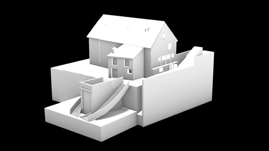 À partir de l’image précédente, la gravure ancienne, et d’autres documents, a été reconstitué la volumétrie du Vieux Théâtre en trois dimensions. Réalisée par imagerie de synthèse, cette vue donne à saisir les bâtiments originaux. Leur traitement est en blanc sur fond noir et elle est extraite d’une vidéo reconstituant l’ensemble.