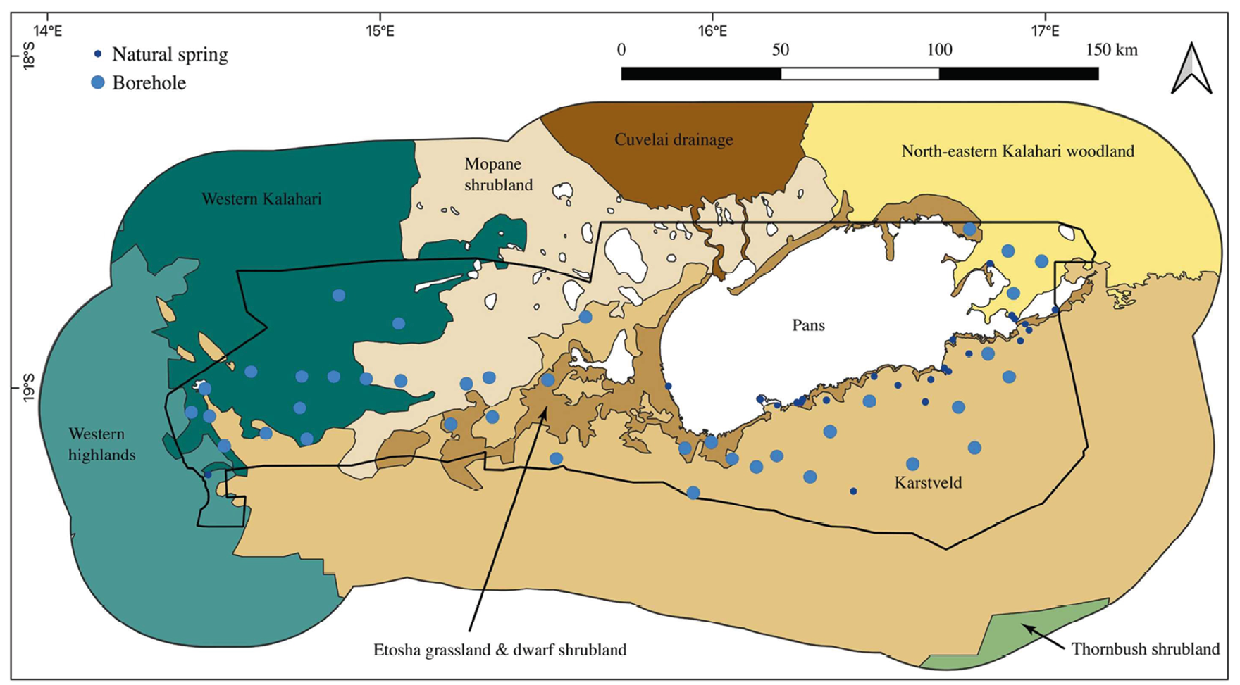 Map showing the major vegetation communities characterising Etosha National Park in connection with the Greater Etosha Landscape, together with the distribution of boreholes and natural springs.