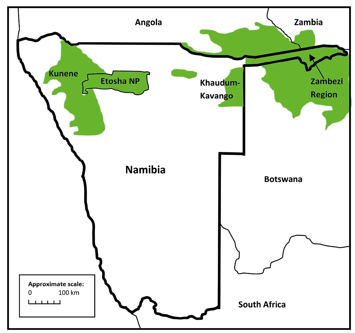 Map showing the elephant population ranges in Namibia.