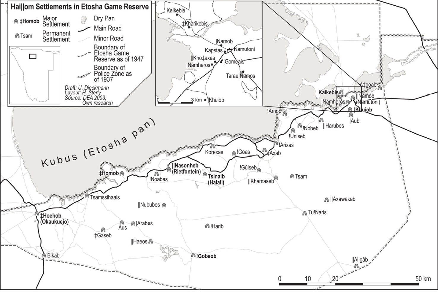 Map of some former settlements of Haiǁom in Etosha.