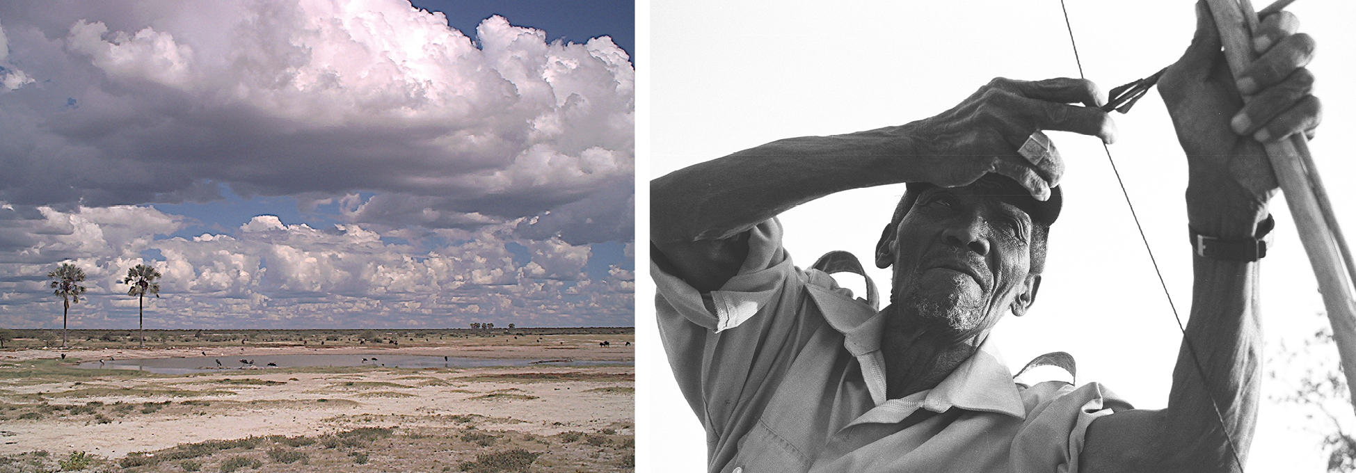 ǁKhauǂgoab (Twee Palms) on left. On right, Hans Haneb demonstrating how to use bow and arrow.