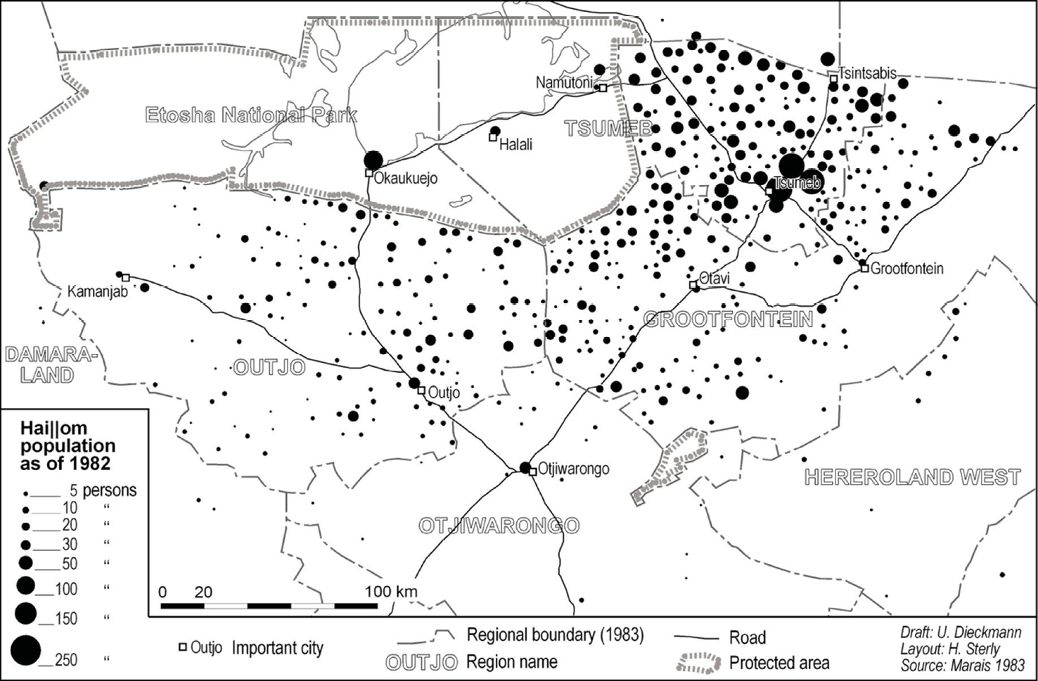Map of the Haiǁom population in and around Etosha in 1982.