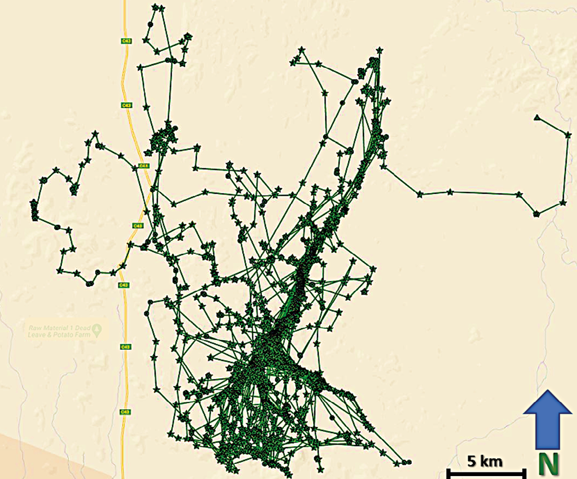 Map showing visualised GPS-satellite collar data illustrating the home range of a male lion in Anabeb and Omatendeka conservancies.