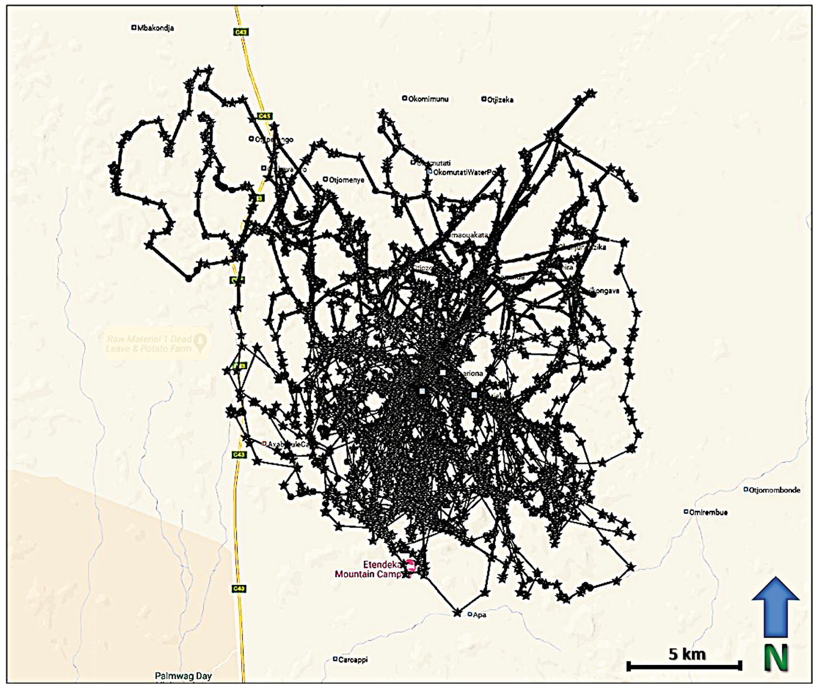 Map showing visualised GPS/satellite collar locations of a lioness known as OPL-4 in the Anabeb and Omatendeka conservancies.