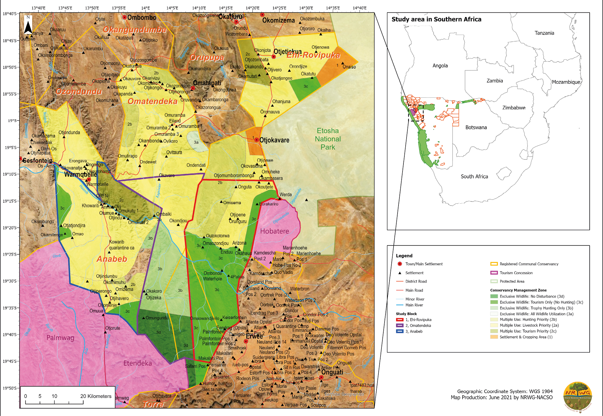 Map showing the location of the study areas, conservancy zones and protected areas in between Etosha National Park and the Palmwag Tourism Concession in Namibia.
