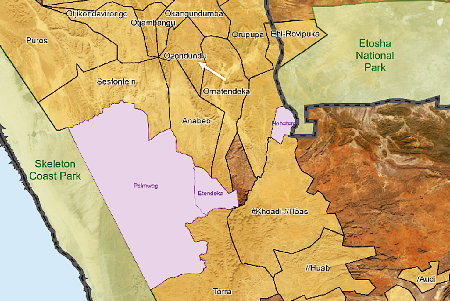 Map showing location of Ozondundu Conservancy in between Etosha National Park and the Skeleton Coast National Park.