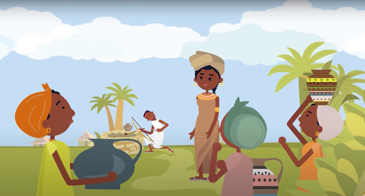 Screenshot from the animated video ""Prince Liongo: Tragedy of an Illegitimate Son,"" depicting the dead Fumo Liyongo leaning against the well, so that the women are afraid to fetch water