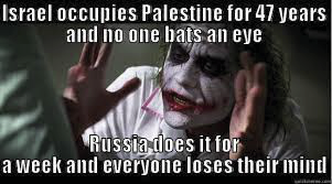Figure 4 depicts a male person is, which occupies the centre of the picture. The person is bent forwards, has his arms raised, his mouth wide open, is wearing make-up and a nurse's uniform. In the upper part of the image the utterance „Israel occupies Palestine for 47 years and no one bats an eye “ is placed, while in the lower part the utterance „Russia does it for a week and everybody loses their minds“ has been placed. This image has been used as governed by fair dealing rules.