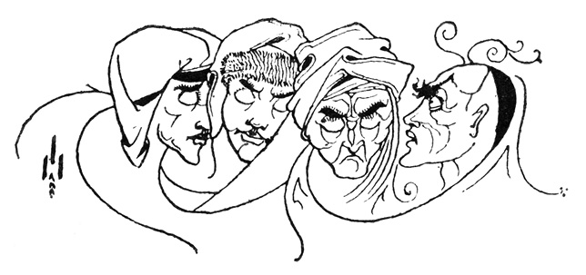 A row of three heads in medieval headdress, including Beardsley’s slumbering portrait at the far left, is ogled by a fourth grotesque wearing a black skullcap on the right.