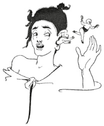 A grotesque head with black hair gapes in awe at two bald plump grotesques with rounded hips, breasts, and long black gloves, springing out of its ear.