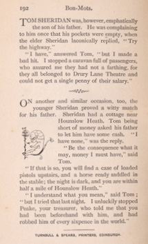 A spiky-tongued foetus seated in profile on a peacock feather with a lily between its cloven feet as wry illustration to an anecdote on son Tom Sheridan offering clever ripostes to his father.