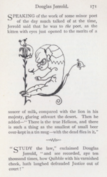 The same wide-eyed foetus, half-dead, half-alive, facing the lily as wry illustration to an anecdote involving a minor poet.