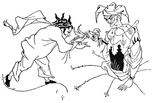 On the left, a wrinkled figure with black locks leans forward over an arabesque offering up a screeching bird. On the right, the hostile half-figure of a jester in medieval attire, puppet under arm, looms menacing; he himself could be a puppet.