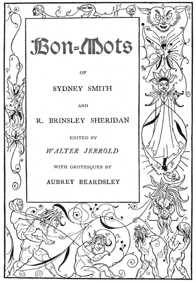 The title page frame combines Aesthetic and Jap anese motifs around the title square: three Whist lerian butterflies float on the left; a butterfly and the bristly mask of a cat sit above a sunflower-hatted grotesque perched on a peacock on the right; two tiny masks emanate from a small monster at the top; a grimacing leaf-haired satyr and brawny strapping grotesques feature in varied attitudes at the bottom.