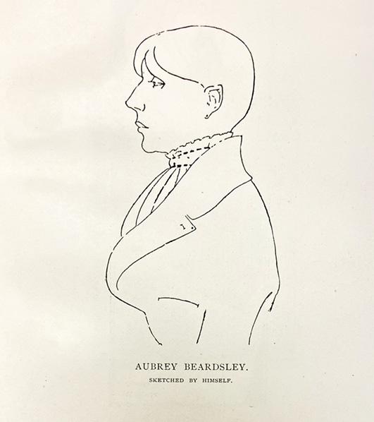 A bust-like profile self-portrait of Aubrey Beardsley, his outline contours sharply delineated on a stark white background.
