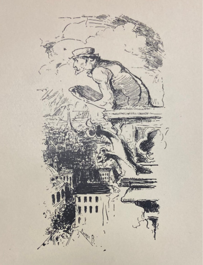 Aubrey Beardsley sketches Joseph Pennell perched on a Notre-Dame tower as Meryon’s Stryge with the nascent Eiffel Tower in the background.