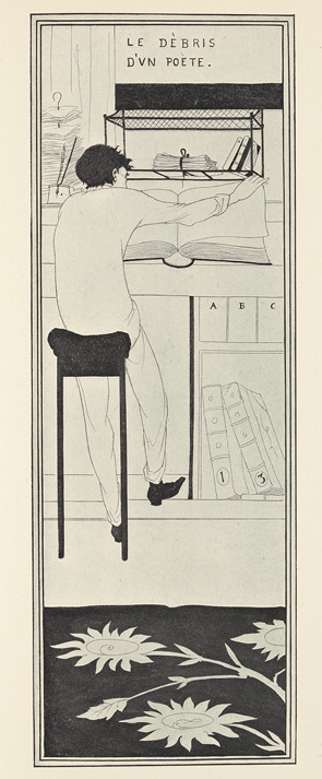 In his first self-portrait, perched on a high stool at a desk, his back to the viewer, Beardsley leafs through a massive open book of accounts, a chic sunflower carpet decorating the foreground. The French quote pokes fun at “the remains of a poet.”