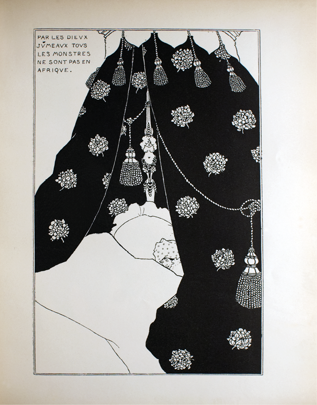 In a frilly white cap and ample nightgown, a tiny figure peeks out from between the bulging drapes of an enormous bed and under a dishevelled and armless she-faun. The swelling drapes could also be the plush skirts of a giant she-figure.