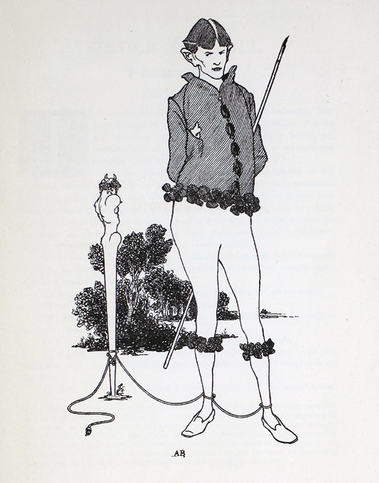 A giant Aubrey Beardsley in open country with faun’s ears, clinging breeches and a fancy open-necked shirt fringed with flowers, is equipped with an enormous quill and roped to an armless Pan fetish, who turns shoulder.