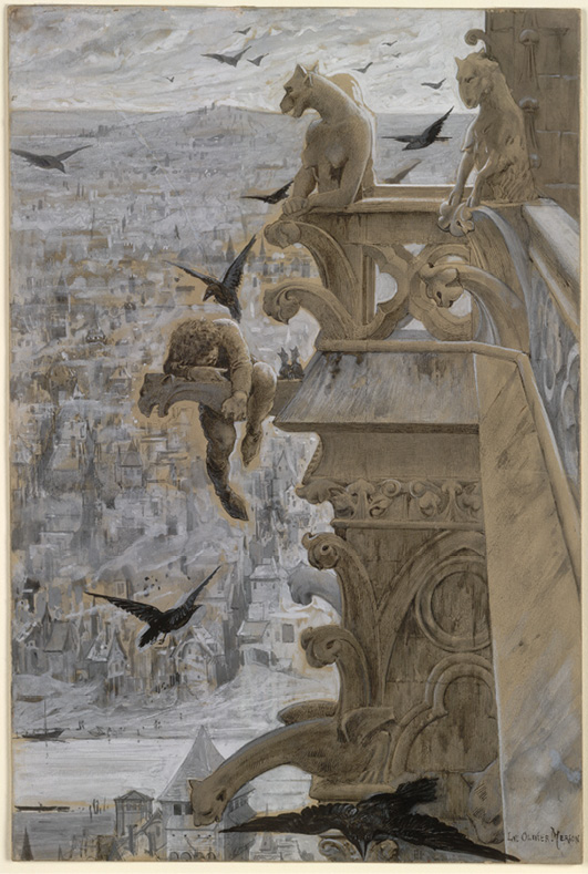 Victor Hugo’s haunting Quasimodo perched on a gargoyle beneath the Notre-Dame tower monsters offers a dramatic high-angle view of Paris amid flying black birds.