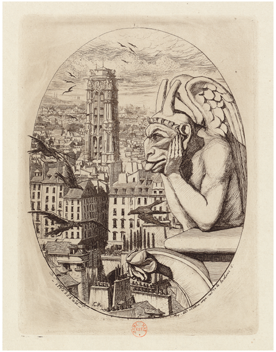 Charles Meryon’s famous engraving Le Stryge depicts a winged and horned demon from the Notre-Dame towers, head between its hands in contemplation, tongue stuck out to spite the modern city, with the St. Jacques tower looming in the distance.