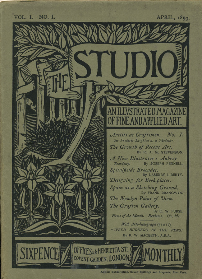 Aubrey Beardsley’s second cover design for The Studio, still influenced by Pre-Raphaelite and Kelmscott Press aesthetics, presents dense leafy trees, trunks aligned in the background and three parallel flowers upright and erect in the foreground.