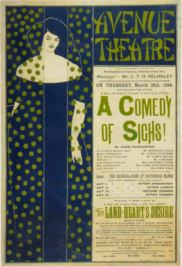 Beardsley’s boldly coloured poster for The Avenue Theatre using theatrical aesthetics provocatively pictures a woman with loose hair and bare shoulders apparently slipping off her clothes behind a transparent dot-speckled curtain to spice up the scene.