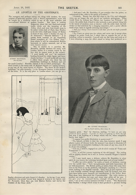 Beardsley stages a one-man show in his key interview “An Apostle of the Grotesque” in London’s Sketch, promoting photographs of himself as precocious child and young man alongside his pathetic drawing, Child at its Mother’s Bed.