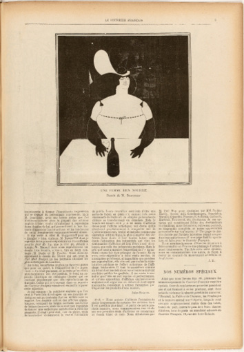 Beardsley’s first drawing reproduced in Le Courrier français boldly pictures a portly prostitute in a low-necked dress, bare shoulders and black gloves sitting hatted and alone at table before bottle and glass, waiting for patrons. London critics had disparaged it.