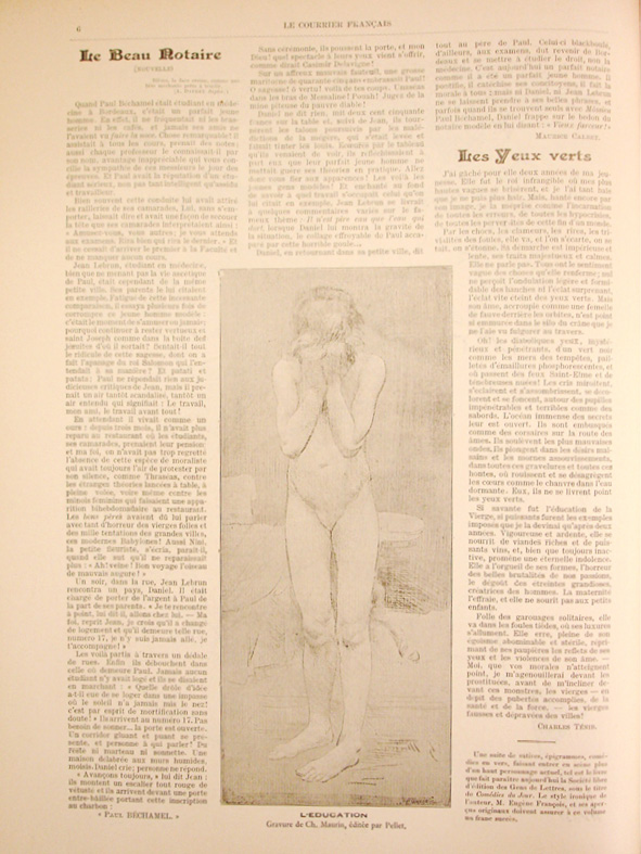 Amongst diverse material on a Le Courrier français page, a full-length plate of a naked girl, her face hidden in her hands, is boldly captioned Instruction.