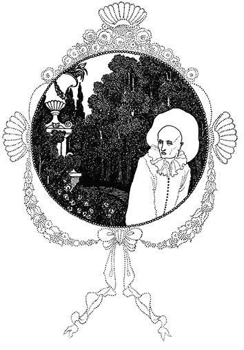 A white Pierrot, half-turned towards a luxurious garden, melancholically glances behind him, enclosed in a mirror-like ajouré frame.