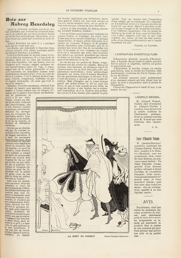 Four commedia dell'arte characters, index finger pressed against their lips, tiptoe out of a room in which a white Pierrot with a bulging forehead has just passed away.