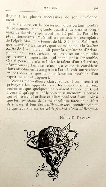 Sattler’s grotesque tailpiece shows a fancy grimacing Beardsley with faun’s ears, ironically crowned by a single laurel leaf.