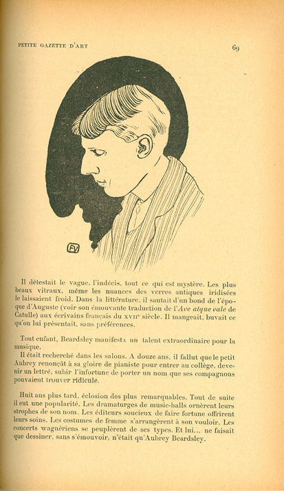 Against a black dripping patch, Vallotton grants Beardsley a black-and-white “mask,” redrafting his beaky profile in caricature.
