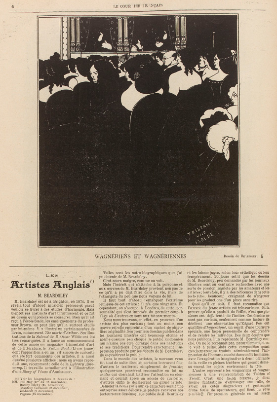 The beginning of Jules Roques’s article on Aubrey Beardsley uses strong black-and-white contrast and bold views of women’s bared backs and shoulders alongside men’s debauched profiles at a Wagner performance as an eye and mind lure for Le Courrier français’s readers.
