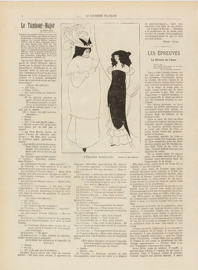 A dressed-up madam reads from a letter to sweet-talk a young girl in a low-necked dress who glances complicitly at the reader.