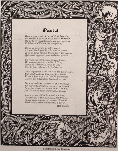 Le Courrier français cheekily uses a strongly decorative frame of frowning she-fauns caught in brambles from Le Morte Darthur to flaunt an innocuous poem within its pages.