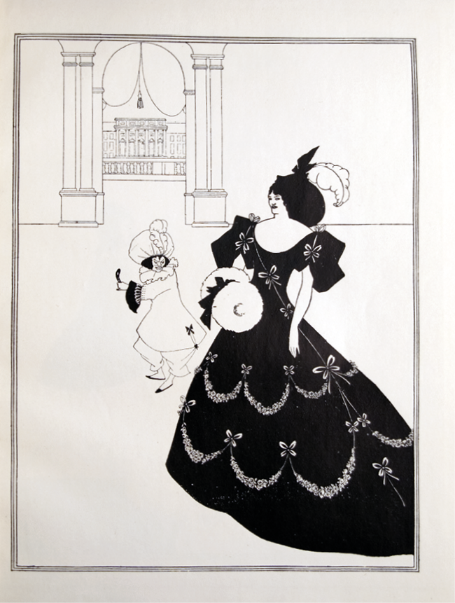 A woman in an ample low-necked dress with a plume in her hair and a muff is lured towards a Roman arch, through which a stately mansion appears in the distance, by a leering dwarf holding a black mask.