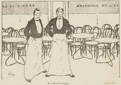 In Charles Huard’s drawing two Parisian café waiters expecting clients stand side by side in black bow ties, waistcoats, and jackets with immaculate long aprons, in obvious affiliation to Beardsley’s Garçons de Café previously published in Le Courrier français (cf. Fig. 5.9).