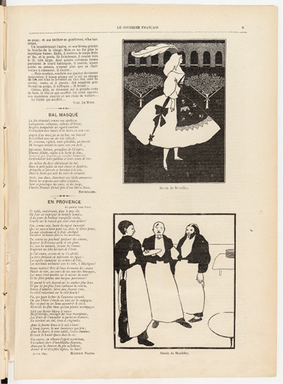 Under a French title, Beardsley differentiates his three waiters thanks to strong individual features as he pictures them in varied attitudes. One holds a tray, the other keeps a list under arm, the third simply waits.