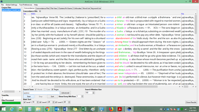 Screenshot of AntConc software interface showing concordance results for the regular expression ‘wom.n’ with highlighted occurrences in various contexts within a corpus file.