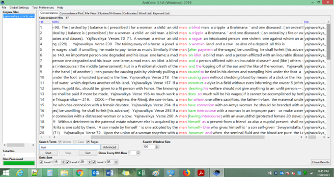 Screenshot of AntConc software interface showing concordance results for the regular expression ‘m.n’ with highlighted occurrences in different contexts within a corpus file.