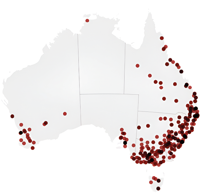Map of Australia with red dots representing locations of retailers involved in Angus & Robertson’s promotional strategy, with clusters along the coasts.