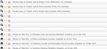 Database entry sample displaying records of book reviews with constructed titles missing for certain records, showing fields like title, publication, and date.