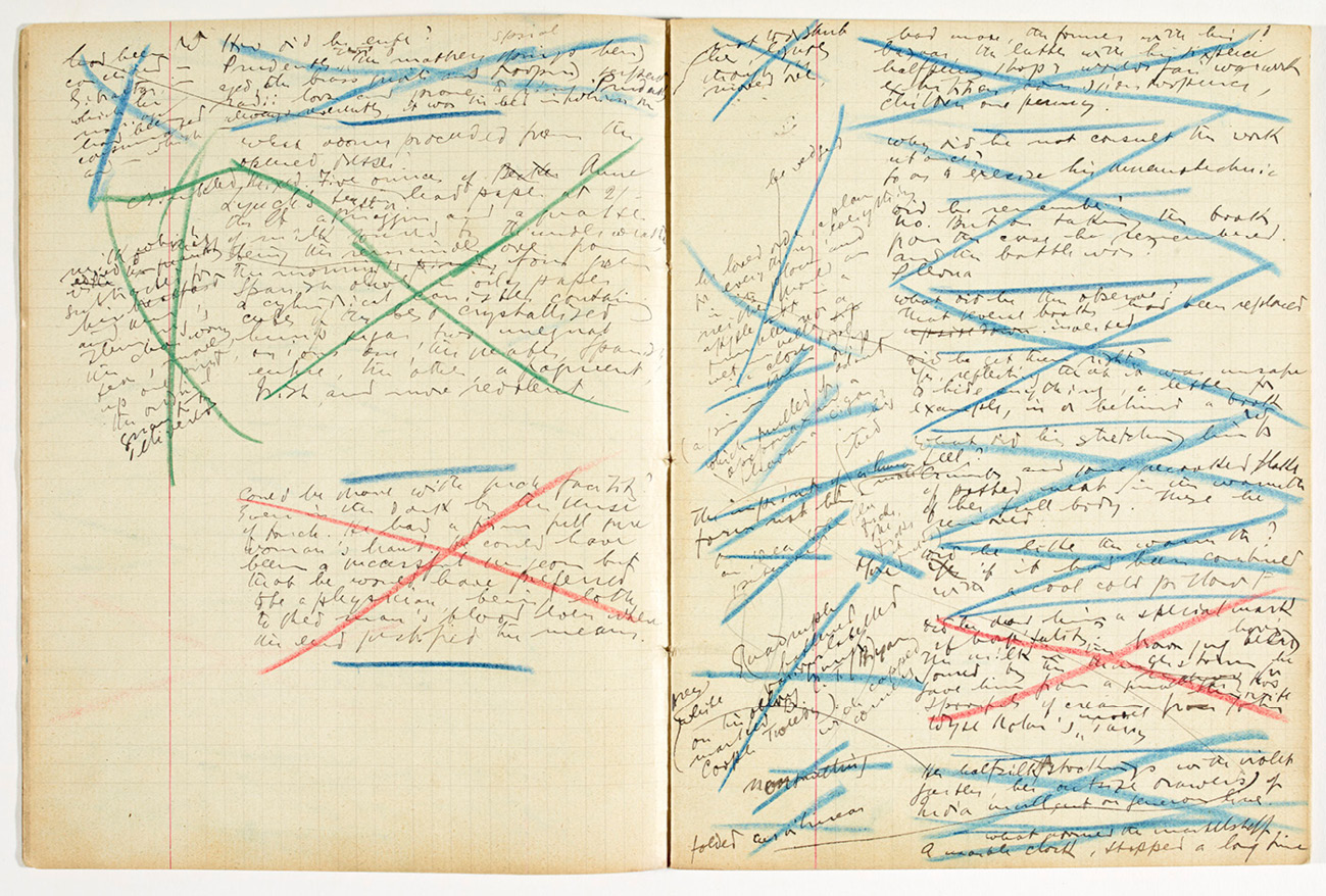 A handwritten manuscript spread across two pages, with extensive edits marked in blue and green pencil. The handwriting is dense and cursive, suggesting detailed revisions and rearrangements.