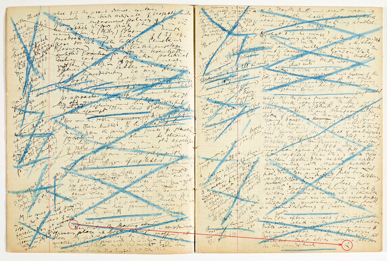 A densely written manuscript spread over two pages with heavy blue pencil crossing out sections and lines connecting various parts. The layout indicates a draft undergoing structural changes.