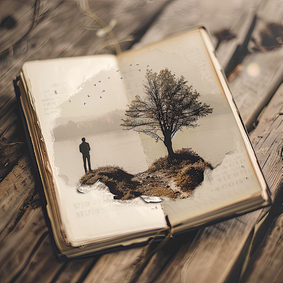 A surreal artistic image of an open book with a torn page transforming into a miniature landscape with a lone figure standing near a tree by the water.